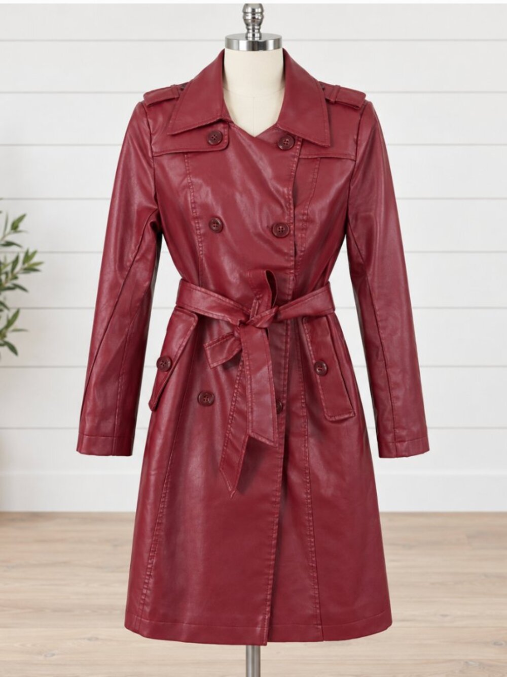 TANMING Womens Double Breasted Faux Leather Mid Length Jacket Sz XS Wine Red NWT